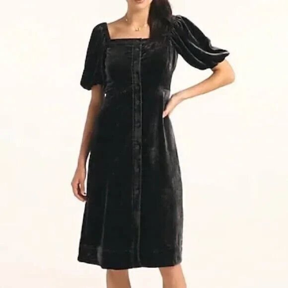 J Crew Black Puff Sleeve Velvet Button Front Dress Square Neck - Picture 2 of 12